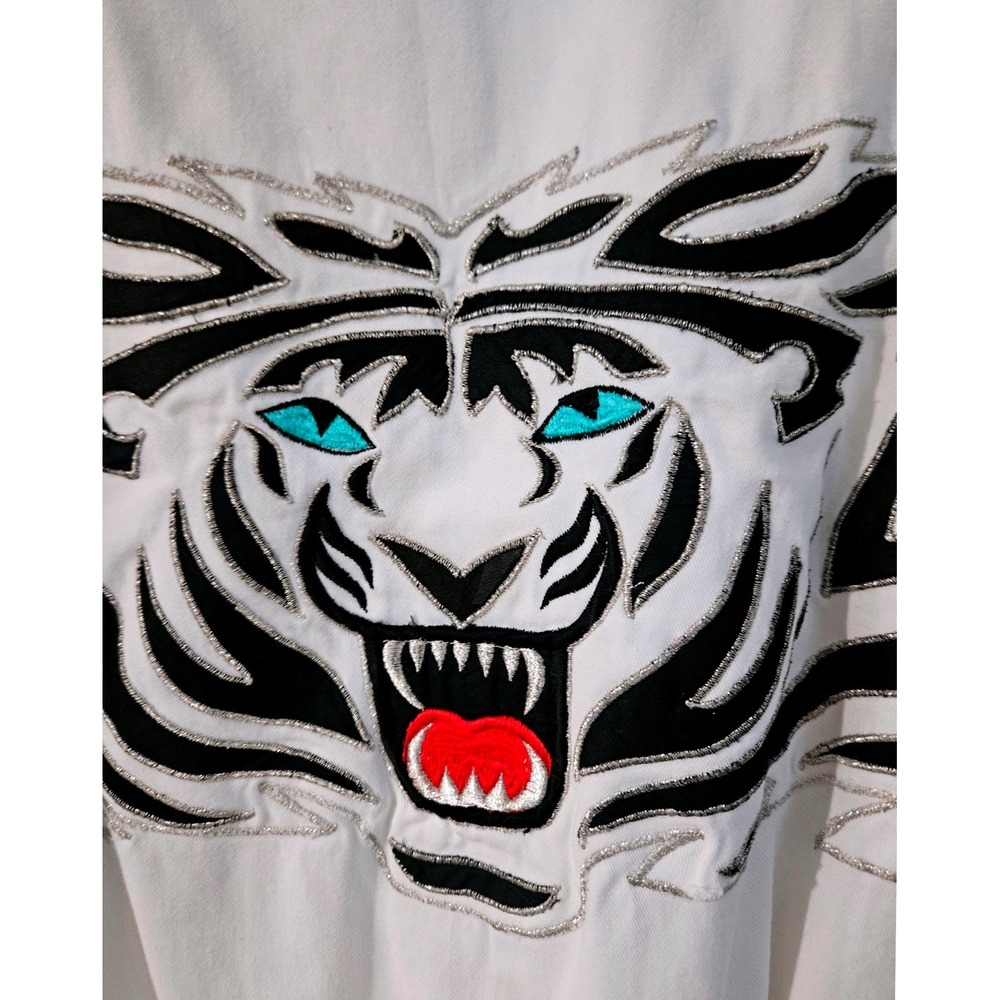 VTG 80s Trash Clothing White Tiger Jumpsuit Embroidered Denim Coveralls Belted - Picture 5 of 11